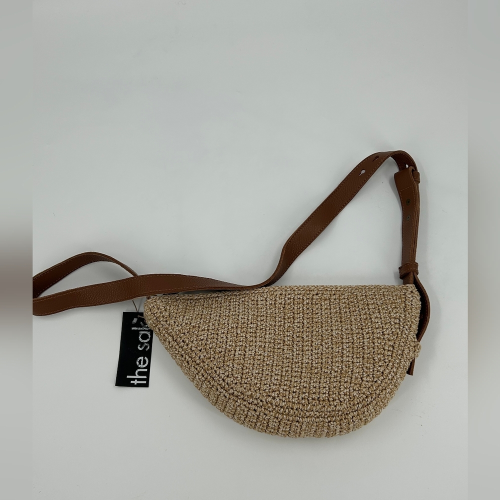 The Sak Tan Woven Crossbody Bag with Bohemian Flair